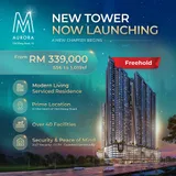 M Aurora twin-tower night render with launch pricing, official Mah Sing marketing visual