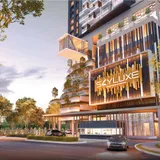 SKYLUXE On The Park entrance and podium, official developer render with project signage (SkyWorld Development)